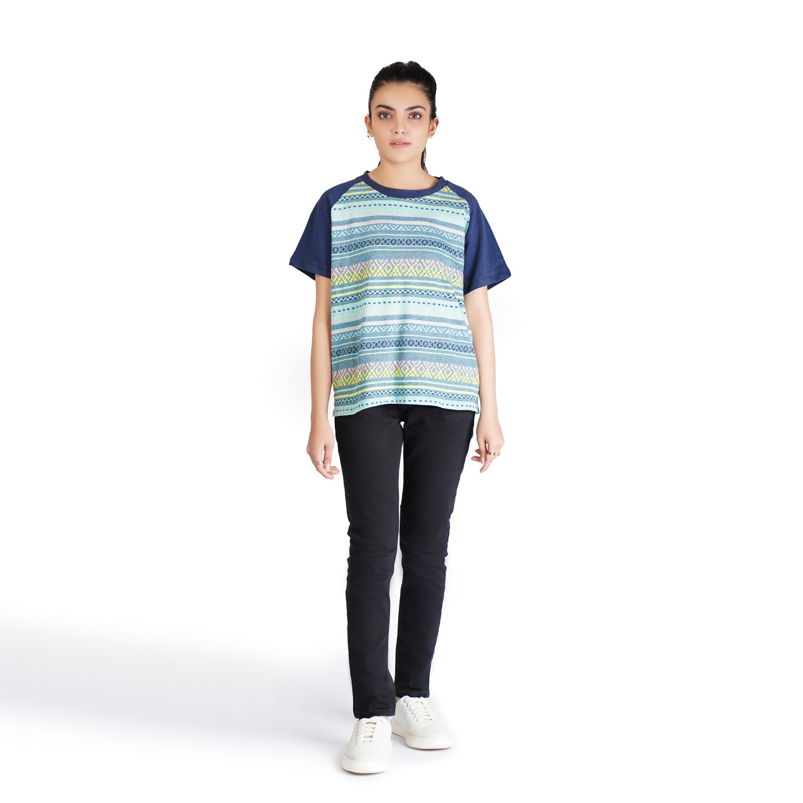 Blue Printed Reglan T-Shirt - OSSW1230011