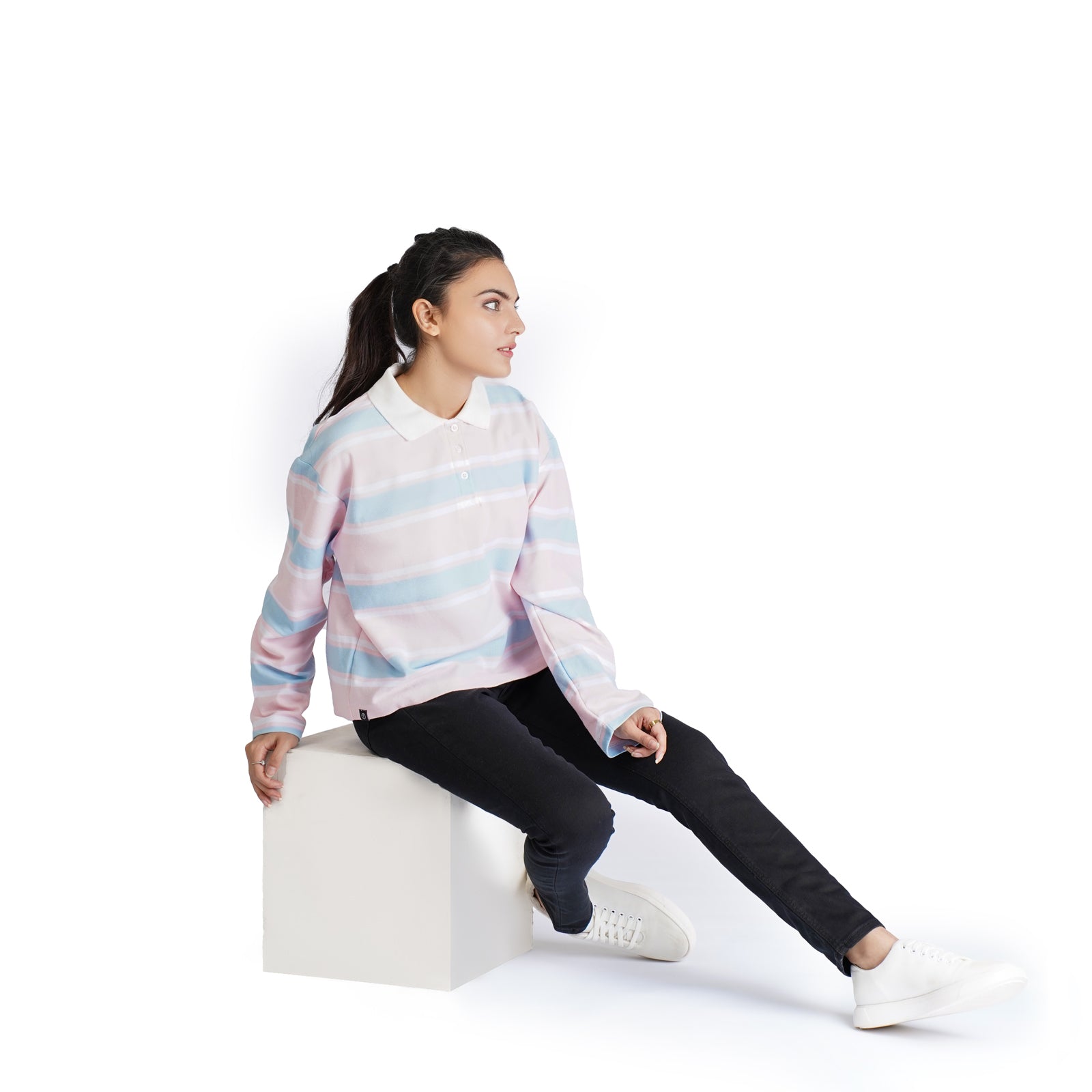 Pink Striped Full Sleeve Polo - OSSW1230029